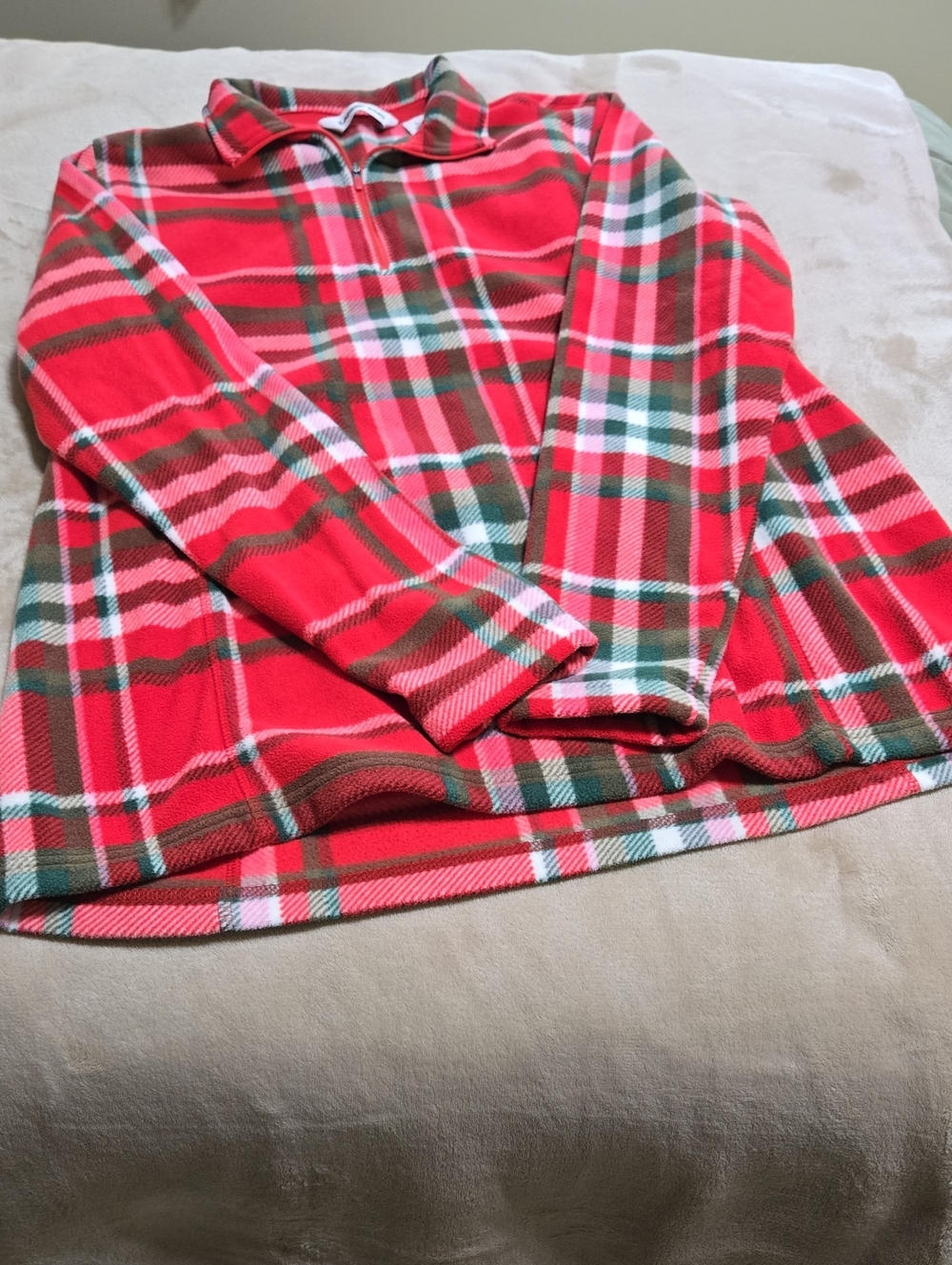 Lands' End Red Green Plaid Half-Zip Fleece Top